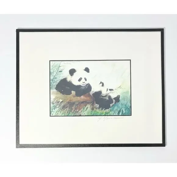 Dong Liang Yuan Set of 4 Framed & Matted Small Signed “Panda” Prints 10”X8”
